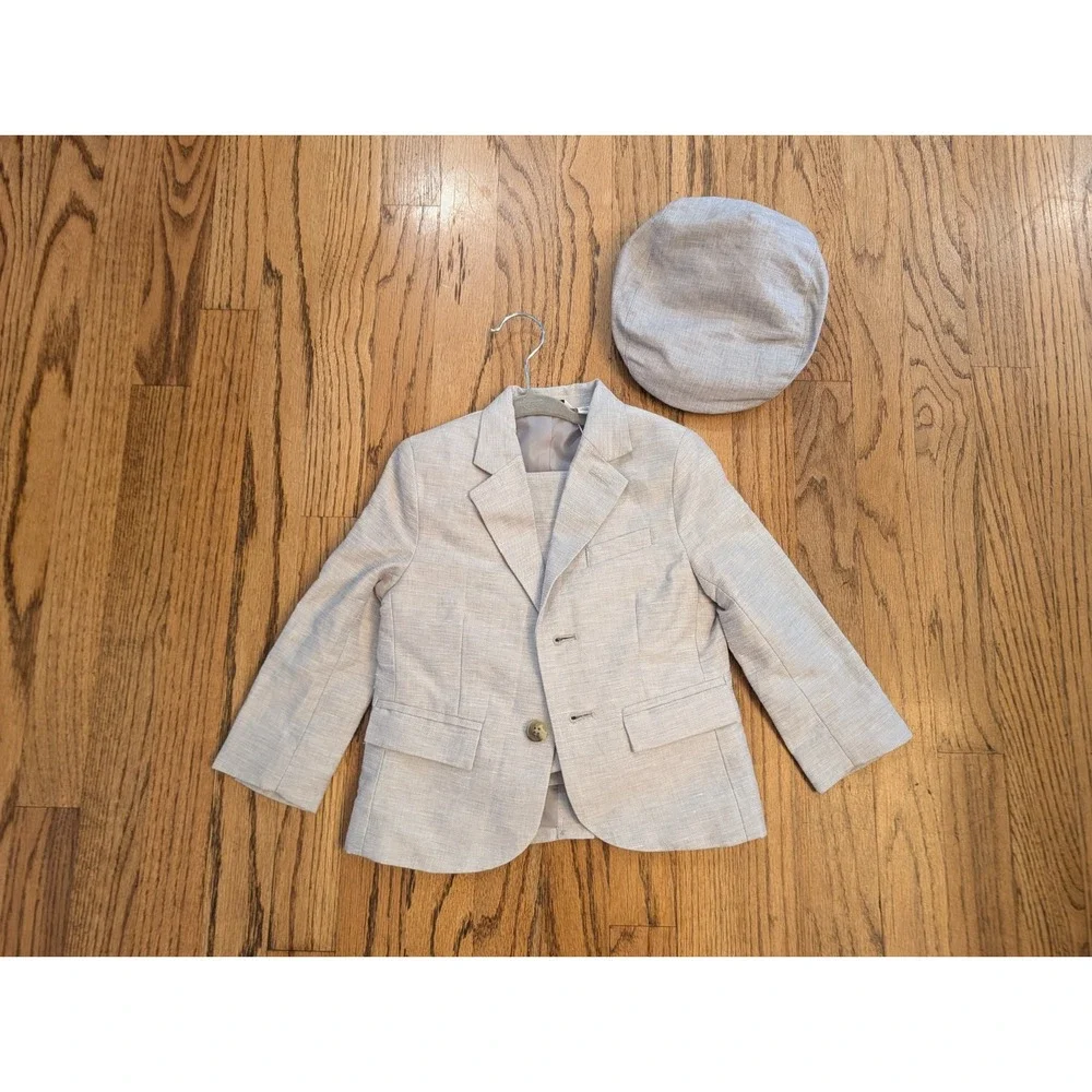 Janie and Jack Boys 2T 3-Piece Suit Set Grey Blazer Pants Cap Outfit Linen Blend